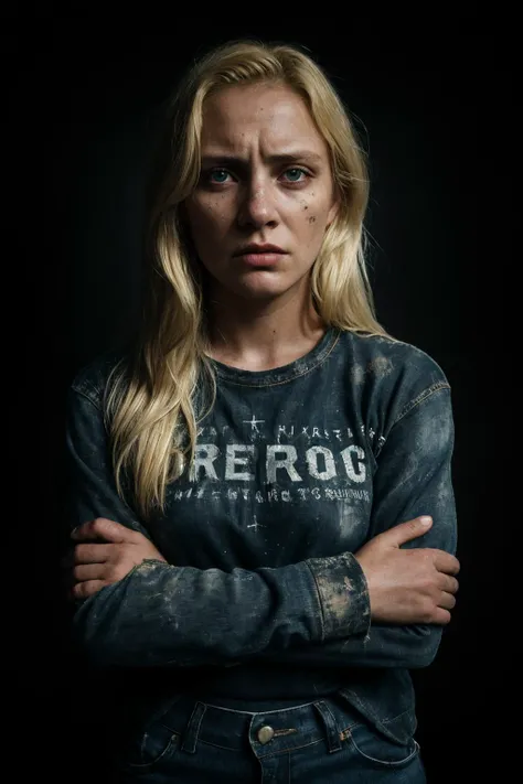 photograph of a woman,(troubled facial expression:1.1),textured skin,goosebumps,(blonde hair:1.2),weathered tshirt,distressed boyfriend jeans,long sleeves,(candlelight,chiaroscuro:1.1),cowboy shot,dark and mysterious cave with unique rock formations and hidden wonders,perfect eyes,Porta 160 color,shot on ARRI ALEXA 65,bokeh,sharp focus on subject,shot by Don McCullin,style by Dan Winters,RAW photography,film grain,(indistinguishable from reality:1.4),photo taken with a Bolex H16,Hyperrealistic art cinematic film still photography in the style of detailed hyperrealism photoshoot