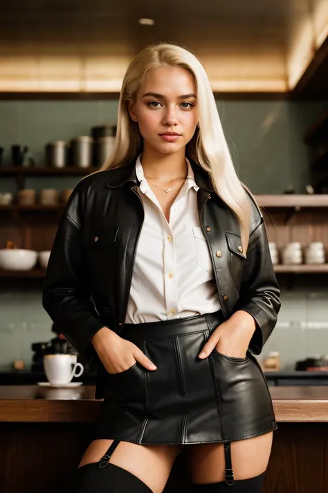 snapshot,D1vaLove,blonde,black leather miniskirt, thigh high stockings,button up shirt, in a coffee shop in a small country town, Thorough,analog style,female focus,highest quality,(highly detailed skin),perfect face,skin pores,(bokeh:0.6),sharp focus,dappled lighting,(backlighting:0.7),film grain,photographed on a Sony A7R IV,18mm F/1.7 cine lens,(highly detailed, intricately detailed),8k,HDR,front view,(full body visible:1.2)