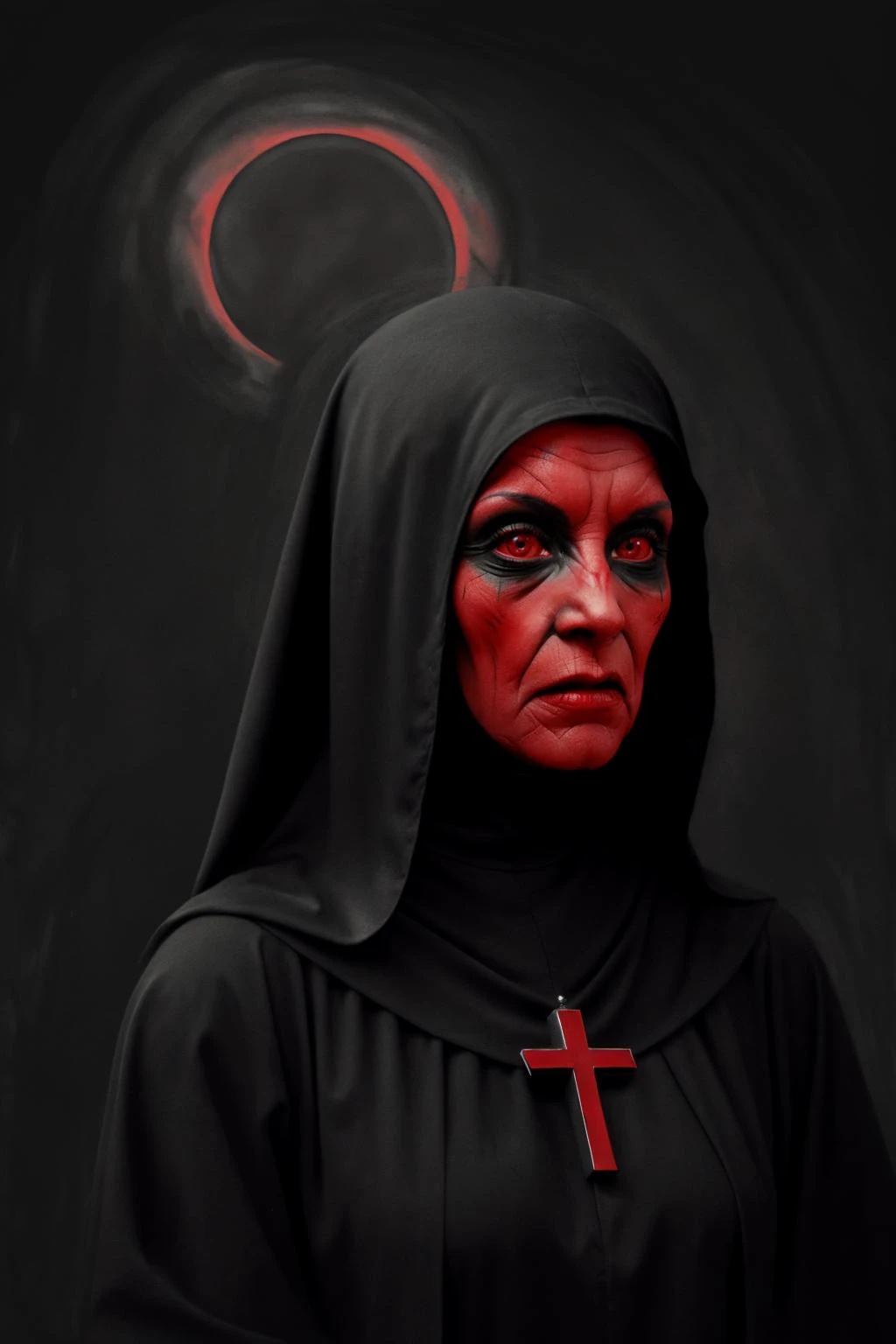(best quality:1.2),artwork,scary woman with a mask,dark clothing,holding a bloodied knife,piercing gaze,horror theme,creepy atmosphere,ominous lighting,nighttime scene,macabre details,color palette:dark and gloomy,Showing your breasts,without, holding a man's head amputated from the body