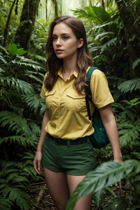 Lush rainforest expedition,25yo woman,brunette hair,yellow hiking shirt,micro shorts,khaki shorts,dense rainforest,midday,4k,adventurous trek,green foliage,natural explorer,high-quality jungle scene,vibrant ecosystem,high-definition,exotic,serene nature,clear lighting,wild and untouched,adventurous,refreshing.,cinematic film still of masterpiece,Hyperrealistic art cinematic film still photography in the style of detailed hyperrealism photoshoot