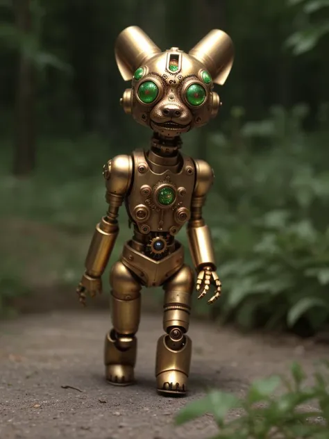 a small adorable mechanical steampunk four-legged creature made of an intricate mix of shiny brass, dull copper and glimmering silver, walking in a lush green forest. [:intricate details:0.3] it has yellow opal eyes. 49
