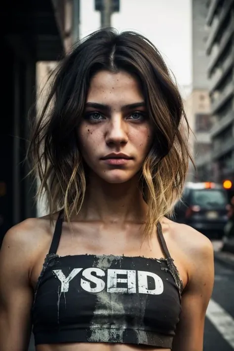 portrait of L1vvyLuvTI, dark eyes, chiseled face, toned physique, skinny, (freckles)0.5, (medium wavy hairstyle, (dark brown with blonde streaks)), cyberpunk street clothing, grunge style, textured, distressed, edgy, dirty, noisy, street, pov face