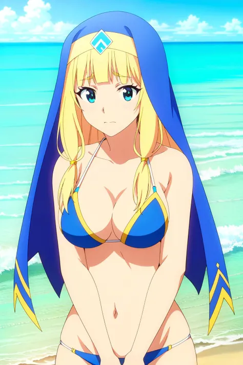 masterpiece, perfect lighting, (beautiful, best quality:1.3), perfect eyes, absurdres, 8k, (absurdres), finely detail,
<lora:Cecily_v1.0:0.8>, cecily, long hair, blonde hair, blue eyes,
cute, beach, bikini, Cofia, (blue veil:1.1)