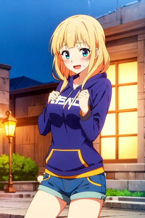 cecily, solo, 1girl, night, :d, <lora:Cecily_v1.0:0.7>, blush, hoodie, jean shorts, navel,