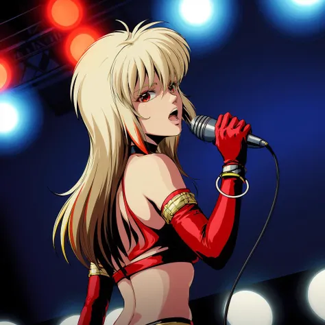 <lora:Priss001:0.6>,<lora:add_detail>,<lora:noline:0.1>,<lora:boldline:-0.1>,looking back,
Priss,1girl,multicolored hair,blonde hair,brown hair,longhair,
choker,
necklace,red crop top,
elbow gloves,
red gloves,
bracelet,
(singing:1.3),holding microphone,microphone,
upper body,