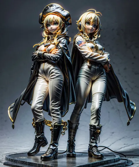 <lora:erofigure_v01.04:0.8>, detailed, figurine, 2 girls, cute face, medium breasts, socks, random hair color, glow, detailed face, beautiful hands, beautiful feet, sweet face, green eyes, necklace with golden skull, black cape, random pose, blush, military, military boots, black spacesuit, space pirate flag golden skull accessory, high detail background, weapon, armor, <lora:add_detail:0.5>, <lora:GoodHands-beta2:0.5>