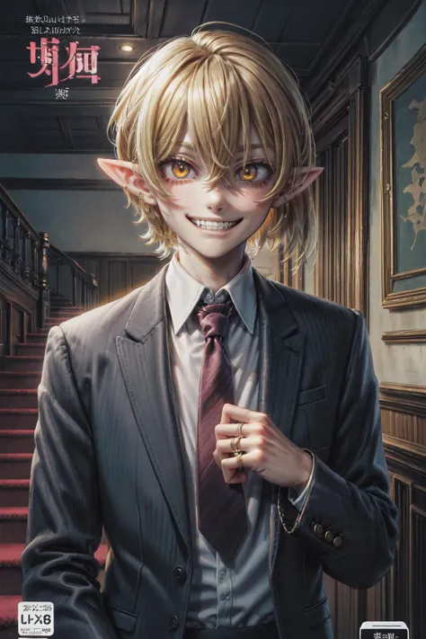 1boy, male focus, solo, necktie, formal, suit, yellow eyes, cover, pointy ears, smile, stairs, ring, clenched hand, looking at viewer, cover page, horror (theme), blonde hair, manga cover, jewelry, upper body, striped necktie, evil smile, shirt, striped, train interior, collared shirt, teeth, crazy eyes, evil grin, grin, white shirt, black jacket, jacket, long sleeves, brown hair, black suit, copyright name