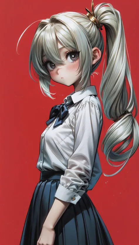 sketch, 1girl, side ponytail, low twintails, [gold|silver] hair, skirt, white shirt, contemporary, black eyes, empty eyes, cute, looking at viewer, [red background|dark background]
<lora:niji-style-enhancer:1>