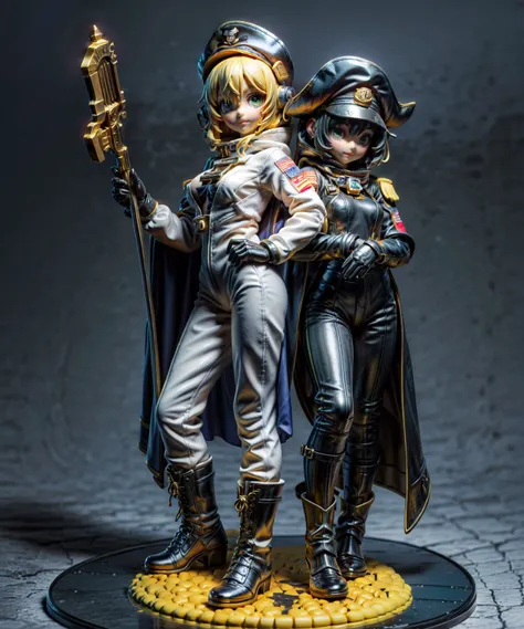 <lora:erofigure_v01.04:0.8>, figurine, 2 girls, petite, cute face, small breasts, socks, random hair color, glow, detailed face, beautiful hands, beautiful feet, sweet face, green eyes, necklace with golden skull, black cape, random pose, blush, military, military boots, black spacesuit, space pirate flag golden skull accessory, high detail background, weapon, armor, <lora:add_detail:0.5>, <lora:GoodHands-beta2:0.5>
