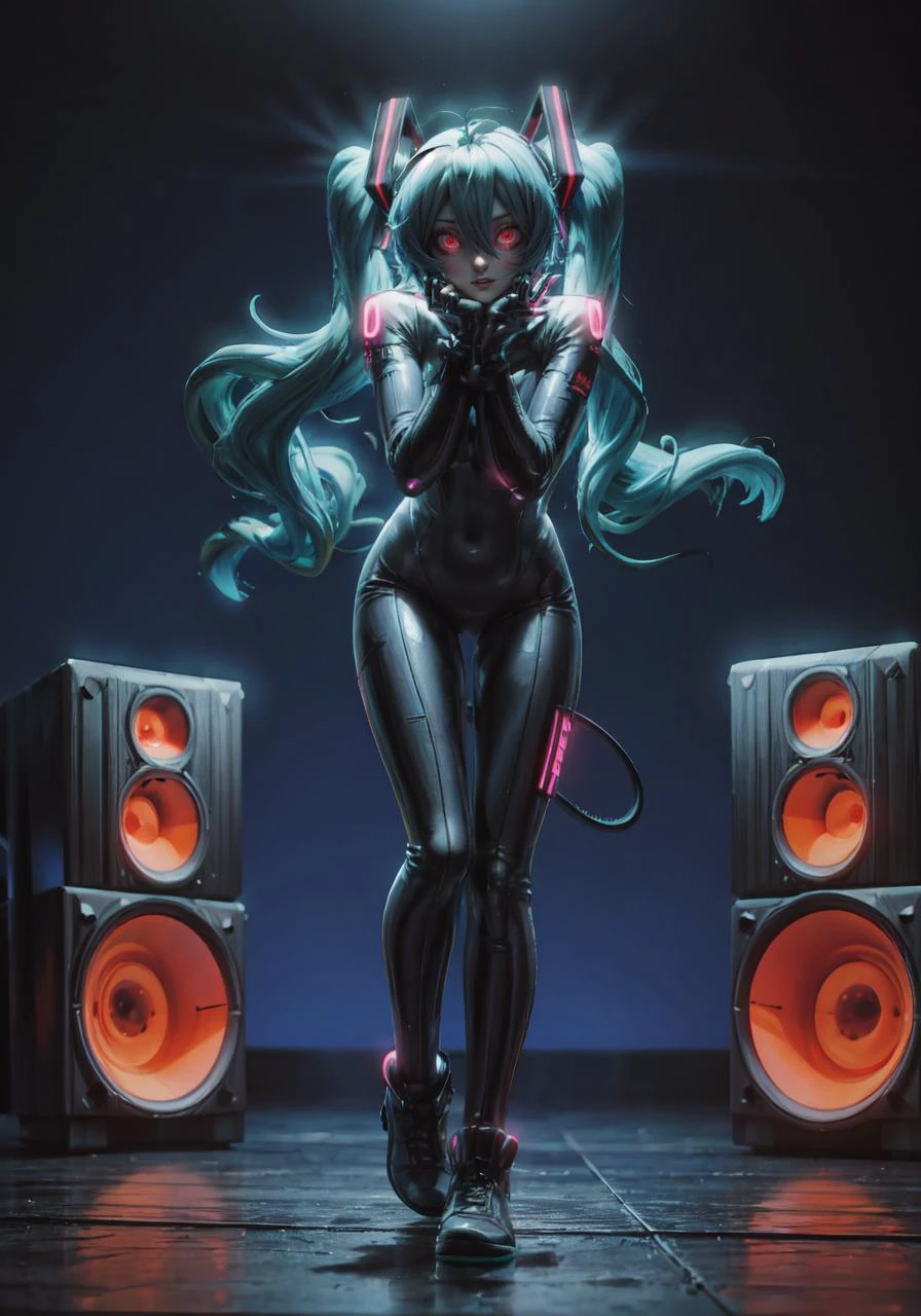 masterpiece, best quality, 1girl, hatsune miku, bodysuit, glowing eyes, confident pose, subwoofer <lora:tangbohu_smallhead:2> <lora:milfmaker:0.2>