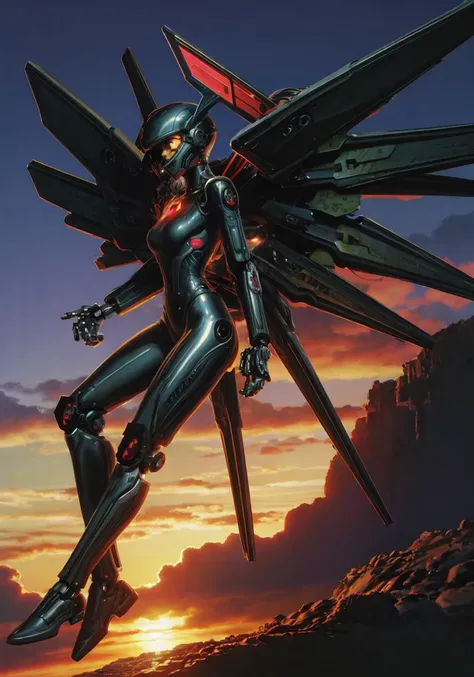 1girl, beach, mecha, plugsuit, tropical plants, sunset, dark mood,<lora:antiwhite:0.7> <lora:kleggs:-1> <lora:tangbohu_smallhead:0> <lora:milfmaker:0.2>, parachute, mechanical augmentation, floating mechanical wings