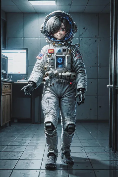one-eyed, solo, spacesuit, standing, cyclops, screen, looking at viewer, science fiction, alien, full body, teeth, robot, indoors, 1boy, tile floor, no humans, grin, tiles, smile, male focus, black eyes