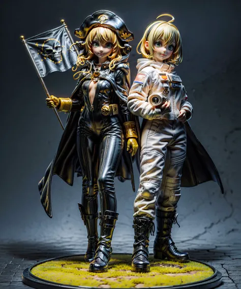 <lora:erofigure_v01.04:0.8>, figurine, 2 girls, petite, cute face, small breasts, socks, random hair color, glow, detailed face, beautiful hands, beautiful feet, sweet face, green eyes, necklace with golden skull, black cape, random pose, blush, military, military boots, black spacesuit, space pirate flag golden skull accessory, high detail background, weapon, armor, <lora:add_detail:0.5>, <lora:GoodHands-beta2:0.5>