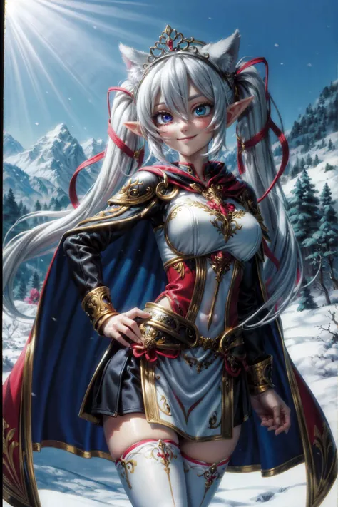 best quality, high resolution, distinct image, cinematic lighting,
young girl, tiara, white hair, twintails, big blue eyes, gold accent cape, embroidery breastplate, thighhighs
elf, animal ear, forehead, asymmetrical thighhighs, heterochromia, happy smile,
winter, outdoors
<lora:GoodHands-beta2:1:lbw=MIDD>