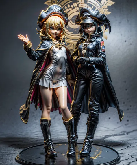 <lora:erofigure_v01.04:0.8>, figurine, 2 girls, petite, cute face, small breasts, socks, random hair color, glow, detailed face, beautiful hands, beautiful feet, sweet face, green eyes, necklace with golden skull, black cape, random pose, blush, military, military boots, black spacesuit, space pirate flag golden skull accessory, high detail background, weapon, armor, <lora:add_detail:0.5>, <lora:GoodHands-beta2:0.5>