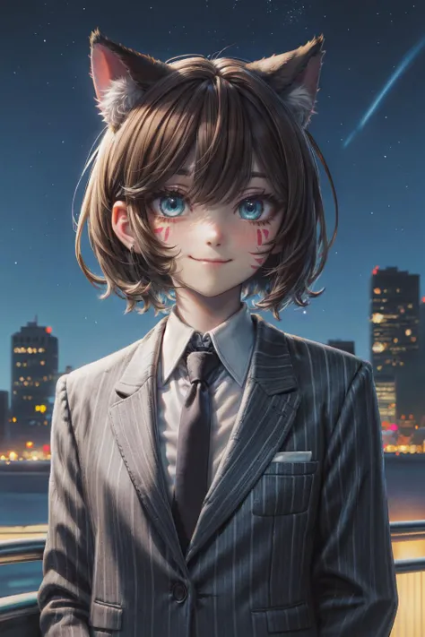 1girl, animal ears, solo, necktie, night, looking at viewer, animal ear fluff, smile, shirt, short hair, upper body, black necktie, collared shirt, cat ears, white shirt, blue eyes, city, striped, sky, formal, jacket, bangs, suit, closed mouth, outdoors, cityscape, facial mark, night sky, building, star (sky), skyscraper, aqua eyes, sidelocks, starry sky, extra ears, whiskers, city lights, black jacket, pinstripe pattern, brown hair, whisker markings, wing collar, vest, striped jacket, car