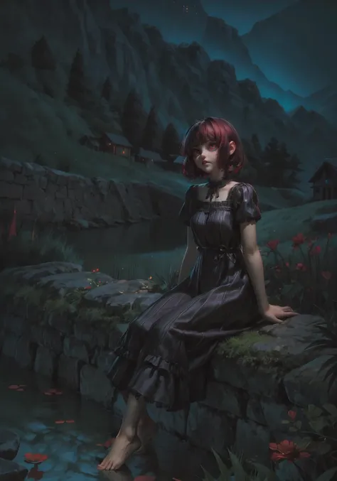 1girl, (darkness), stone walls, arm support, sitting, no shoes, barefoot, crazy eyes, elegant gothic dress, black dress, black frills, black lace, cowboy shot <lora:antiwhite:1.0>, black shirt, black petticoat (red hair) <lora:tangbohu_smallhead:2> mountains