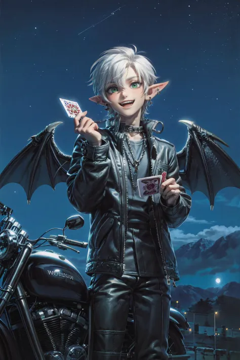 ground vehicle, jewelry, motor vehicle, card, earrings, male focus, 1boy, sky, car, pointy ears, green eyes, smile, moon, night, white hair, open mouth, wings, solo, night sky, teeth, cloud, star (sky), grin, multiple boys, jacket, motorcycle, holding card, realistic, chain, dragon