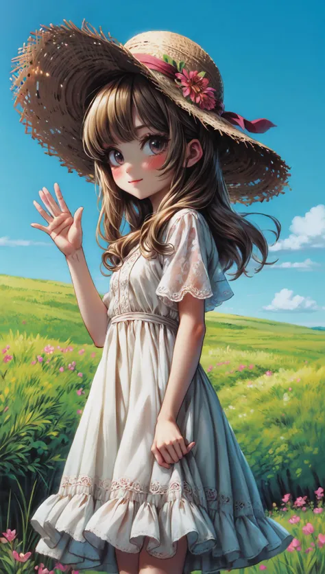 country girl with white frilled dress wearing straw hat waving at viewer
<lora:niji-style-enhancer:1>