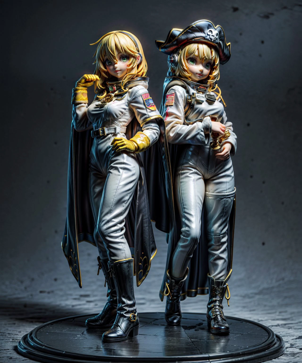 <lora:erofigure_v01.04:0.8>, detailed, figurine, 2 girls, cute face, medium breasts, socks, random hair color, glow, detailed face, beautiful hands, beautiful feet, sweet face, green eyes, necklace with golden skull, black cape, random pose, blush, military, military boots, black spacesuit, space pirate flag golden skull accessory, high detail background, weapon, armor, <lora:add_detail:0.5>, <lora:GoodHands-beta2:0.5>
