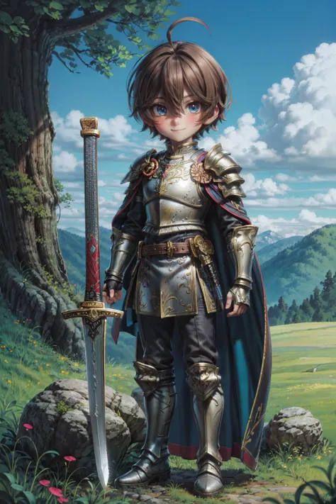 weapon, mushroom, armor, sword, 1boy, holding, outdoors, male focus, holding weapon, cape, smile, blue eyes, nature, tree, solo, chibi, holding sword, brown hair, ahoge, looking at viewer, day, gauntlets, forest, standing, armored boots, sky, full body, grass, closed mouth, boots, blue sky, sheath, cloud, plant, shoulder armor, moss, blush, pants, rock, short hair, greaves, fantasy, bangs, white cape, belt, breastplate, hair between eyes