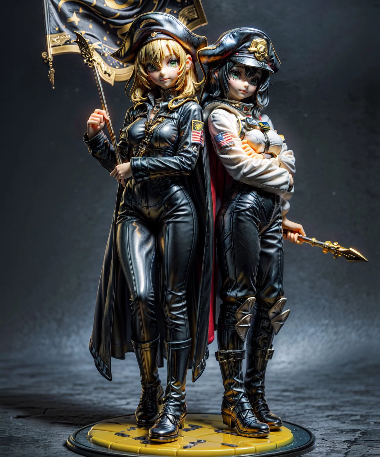<lora:erofigure_v01.04:0.8>, detailed, figurine, 2 girls, cute face, medium breasts, socks, random hair color, glow, detailed face, beautiful hands, beautiful feet, sweet face, green eyes, necklace with golden skull, black cape, random pose, blush, military, military boots, black spacesuit, space pirate flag golden skull accessory, high detail background, weapon, armor, <lora:add_detail:0.5>, <lora:GoodHands-beta2:0.5>