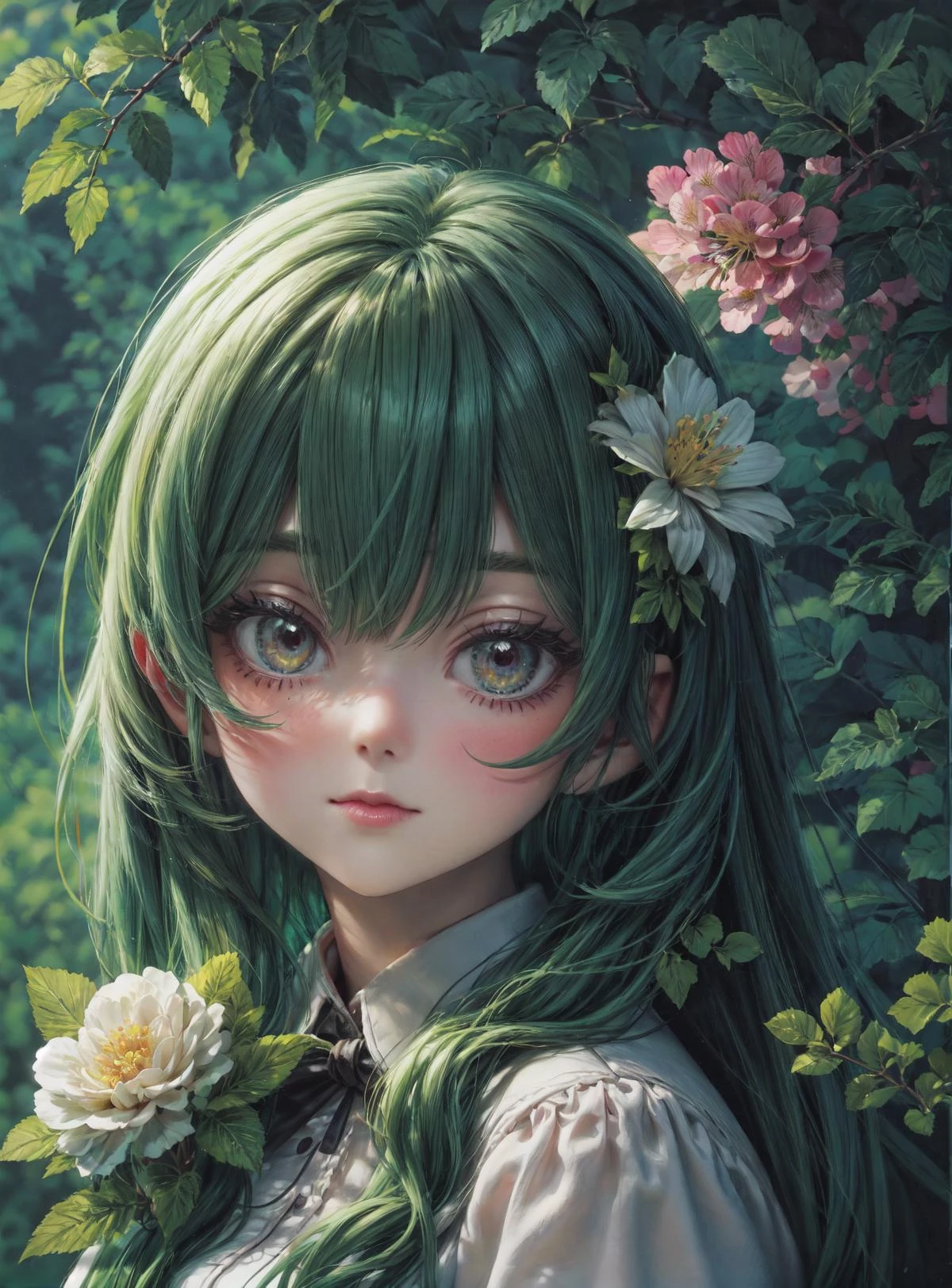 1girl, green, medium breasts, looking at viewer, portrait, forest, flowers