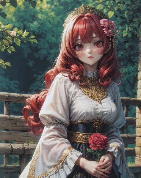 masterpiece, best quality, ultra detailed, extremely detailed, picture-perfect, high quality, absurdres
BREAK
1girl, solo, solo focus, upper body, looking at viewer, red hair, red eyes, royal clothing, intricate clothes, intricate_details, frilled clothes
BREAK
forest, outdoors, flowers, hair flower