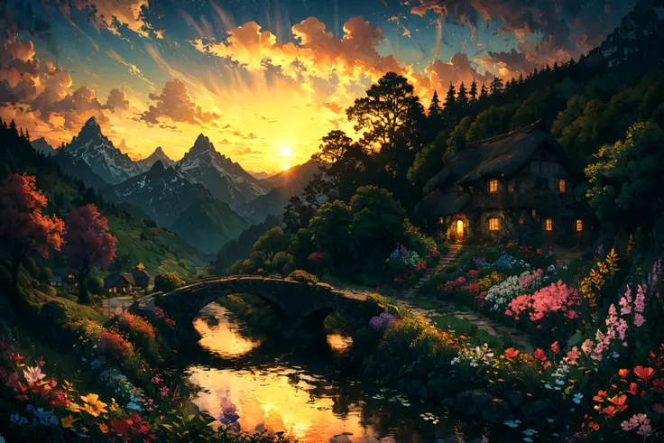 Imagine a serene landscape set during the golden hour, with the sun casting its warm glow over a picturesque village nestled in the rolling hills of the countryside. In the foreground, a crystal-clear stream meanders through lush green fields dotted with wildflowers of every hue, reflecting the vibrant colors of the sky as day transitions to evening. An ancient stone bridge spans the stream, leading to the village where quaint cottages with thatched roofs and flowering vines climbing up their walls emit a welcoming glow from their windows. In the distance, majestic mountains stand guard, their peaks just catching the last light of the sun. This tranquil scene is alive with the sounds of nature: the gentle flow of water, the soft rustle of leaves in the breeze, and the distant call of birds heading home. The whole composition invites the viewer into a timeless moment of peace and beauty, untouched by the rush of modern life. <lora:Lost_In_Dreams:0.7> <lora:xl_more_art-full_v1:0.6>, (masterpiece:1.2), best quality, (hyperdetailed, highest detailed:1.2), high resolution textures