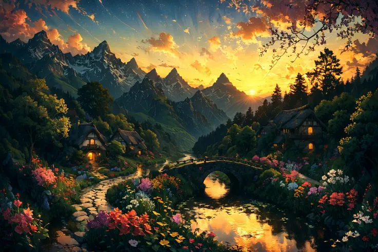 Imagine a serene landscape set during the golden hour, with the sun casting its warm glow over a picturesque village nestled in the rolling hills of the countryside. In the foreground, a crystal-clear stream meanders through lush green fields dotted with wildflowers of every hue, reflecting the vibrant colors of the sky as day transitions to evening. An ancient stone bridge spans the stream, leading to the village where quaint cottages with thatched roofs and flowering vines climbing up their walls emit a welcoming glow from their windows. In the distance, majestic mountains stand guard, their peaks just catching the last light of the sun. This tranquil scene is alive with the sounds of nature: the gentle flow of water, the soft rustle of leaves in the breeze, and the distant call of birds heading home. The whole composition invites the viewer into a timeless moment of peace and beauty, untouched by the rush of modern life. <lora:Lost_In_Dreams:0.7> <lora:xl_more_art-full_v1:0.6>, (masterpiece:1.2), best quality, (hyperdetailed, highest detailed:1.2), high resolution textures