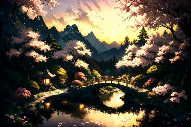 Imagine a serene and tranquil Japanese garden during the cherry blossom season. The sun is setting, casting a golden hue over the scene. There's a small, traditional wooden bridge over a gently flowing stream, with cherry blossom petals floating on the water's surface. A few koi fish can be seen swimming slowly beneath the bridge. On the bank of the stream, a stone lantern is softly lit, adding a warm glow to the nearby cherry trees in full bloom. The background is a blend of distant mountains and a clear sky transitioning from golden yellow to a soft pink. This picturesque scene embodies peace, natural beauty, and the fleeting essence of spring. <lora:Lost_In_Dreams:0.7> <lora:xl_more_art-full_v1:0.6>, (masterpiece:1.2), best quality, (hyperdetailed, highest detailed:1.2), high resolution textures