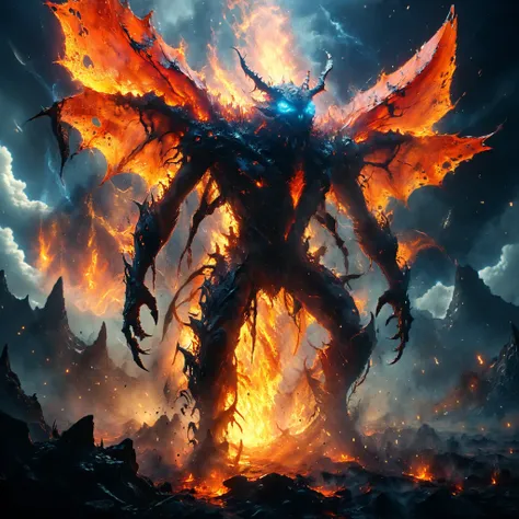 tempestmagic towering insectoid monstrosity, Volcanic calderas aglow with fiery magma,,, Spotlighting, bl4ckl1ghtxl, sharp focus, glowing, scifi  subreddit<lora:Tempest_Magic_-_XL_Grimoire:0.8> <lora:Lost_In_Dreams:0.6> <lora:MJ52:0.4> <lora:bl4ckl1ghtxl:0.7>