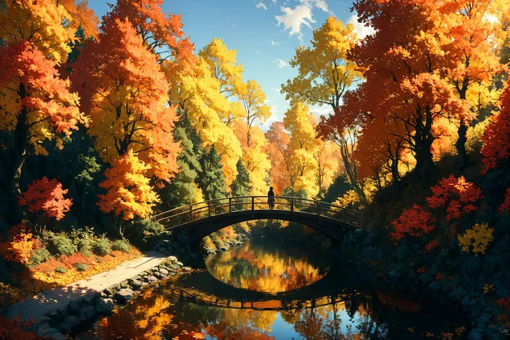 Imagine a serene landscape in the heart of autumn, where the vibrant hues of red, orange, and yellow leaves contrast strikingly against a clear, azure sky. A gentle river meanders through the scene, reflecting the brilliant colors of the trees on its smooth surface. In the foreground, a small wooden bridge arches over the river, inviting onlookers to cross. A solitary figure, clad in a cozy sweater and scarf, stands on the bridge, pausing to take in the breathtaking view. The air is crisp and filled with the subtle scent of falling leaves, creating a sense of peace and tranquility. This picturesque setting captures the essence of autumn's beauty and the reflective mood it inspires.. <lora:Lost_In_Dreams:0.6> <lora:xl_more_art-full_v1:0.6>, (masterpiece:1.2), best quality, (hyperdetailed, highest detailed:1.2), high resolution textures