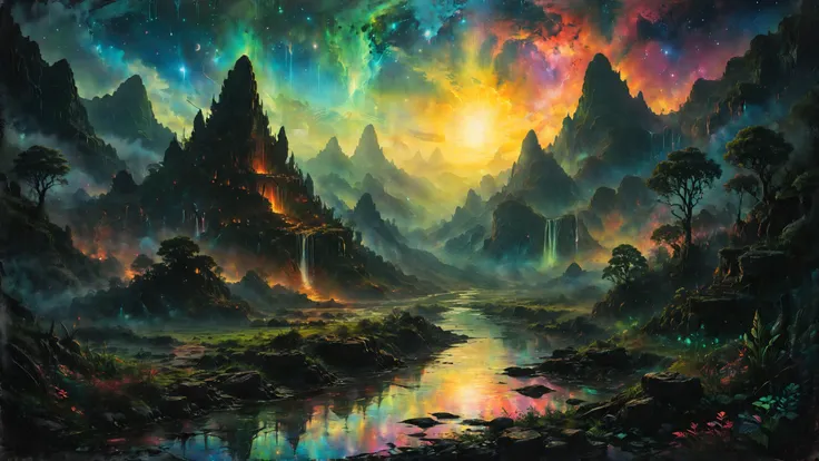 The ruins of an alien civilization, Bioluminescent rivers weaving through lush valleys in the background,, moody lighting,, colorsplash, sharp focus photorealistic, unreal engine 5, illustration, comprehensive art, thorough details, intricate, concept art, highly detailed, photorealistic, colorful, studio lighting, oil painting by greg rutkowski, alex grey, artstation, 4 k <lora:SDXLFaeTastic2400:0.4> <lora:Lost_In_Dreams:0.6> <lora:SDXLPaintSplash:0.7>