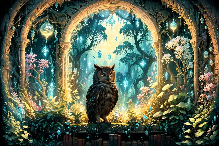 An ancient library hidden within an enchanted forest, illuminated by bioluminescent plants and floating crystals, as seen through the eyes of a curious owl at twilight. <lora:Lost_In_Dreams:0.7> <lora:xl_more_art-full_v1:0.6>, (masterpiece:1.2), best quality, (hyperdetailed, highest detailed:1.2), high resolution textures