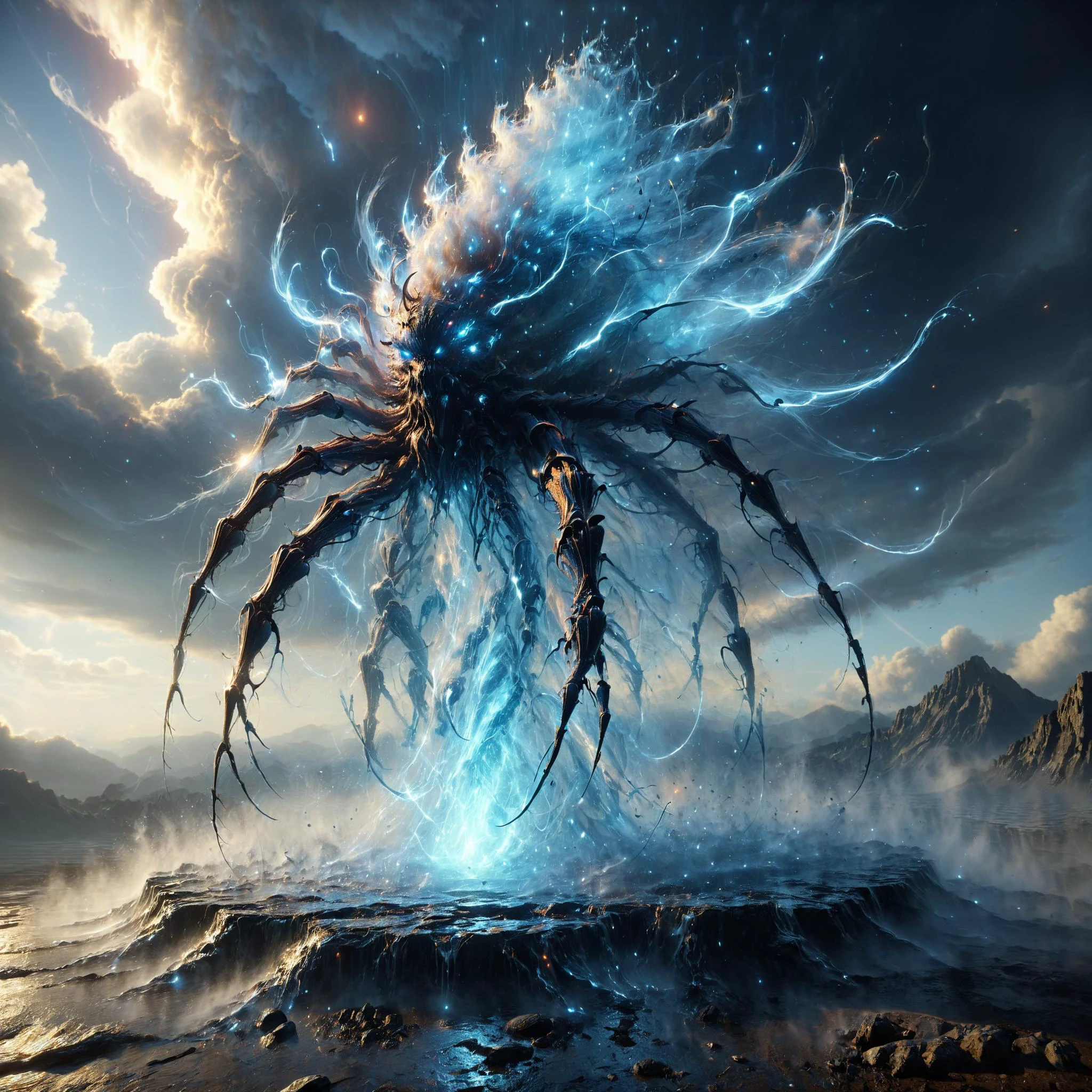 tempestmagic towering insectoid monstrosity, Towering geysers erupting with liquid diamonds,,, Top-down Lighting,, sharp focus, glowing, scifi trending on ArtStation, masterpiece, fantastic, octane render, 8K HD Resolution<lora:Tempest_Magic_-_XL_Grimoire:0.8> <lora:Lost_In_Dreams:0.6> <lora:RMSDXL_Creative:0.4> <lora:Neon_Style_XL:0.7>