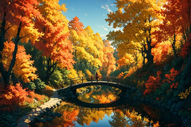 Imagine a serene landscape in the heart of autumn, where the vibrant hues of red, orange, and yellow leaves contrast strikingly against a clear, azure sky. A gentle river meanders through the scene, reflecting the brilliant colors of the trees on its smooth surface. In the foreground, a small wooden bridge arches over the river, inviting onlookers to cross. A solitary figure, clad in a cozy sweater and scarf, stands on the bridge, pausing to take in the breathtaking view. The air is crisp and filled with the subtle scent of falling leaves, creating a sense of peace and tranquility. This picturesque setting captures the essence of autumn's beauty and the reflective mood it inspires.. <lora:Lost_In_Dreams:0.6> <lora:xl_more_art-full_v1:0.6>, (masterpiece:1.2), best quality, (hyperdetailed, highest detailed:1.2), high resolution textures