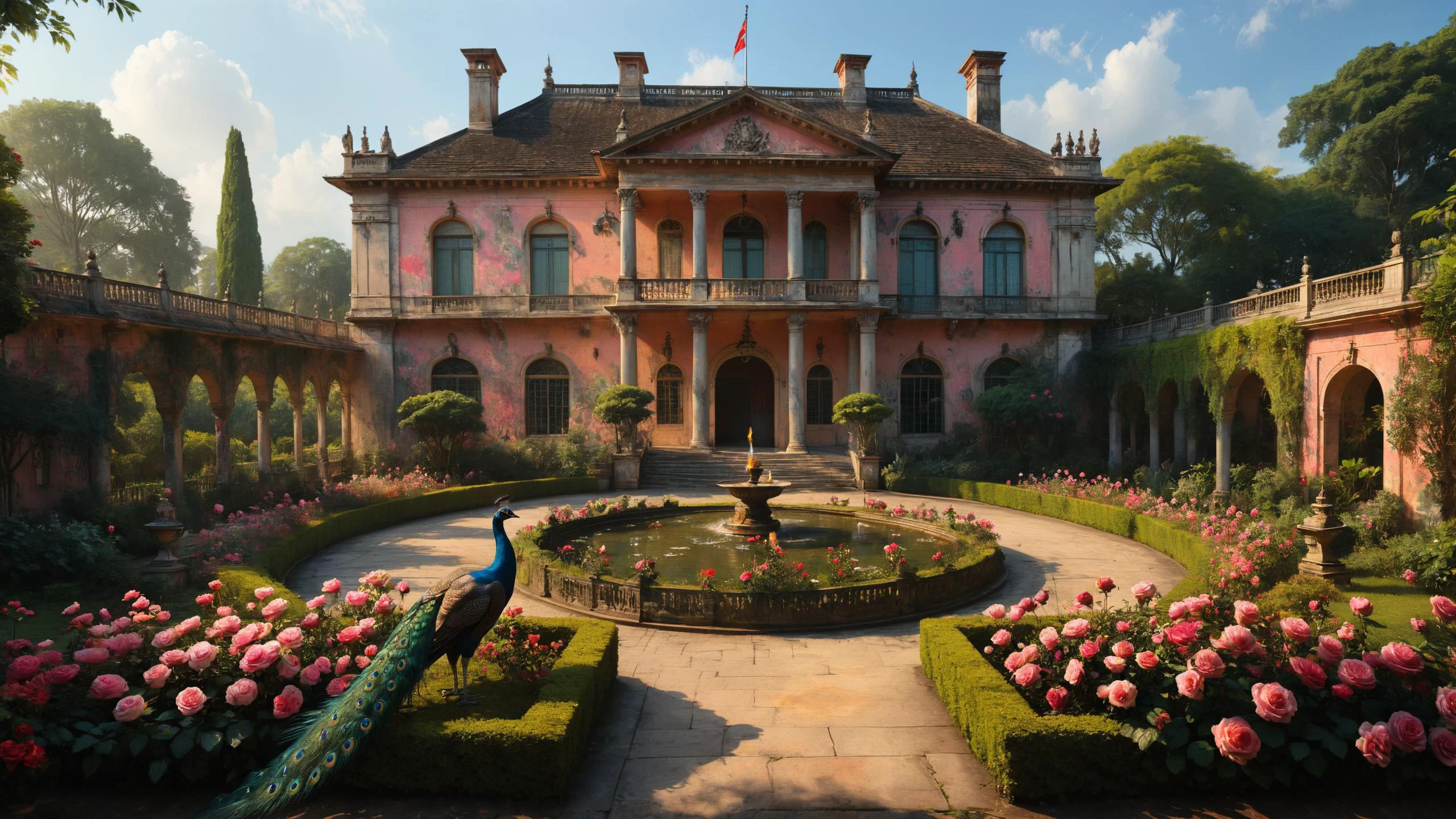 A colonial-style mansion surrounded by manicured gardens, where peacocks strut amidst blooming roses, <lora:detailed_notrigger:0.8>, Hard Lighting, <lora:Graffiti_SDXL:0.5> ais-graffiti, <lora:Lost_In_Dreams:0.6>