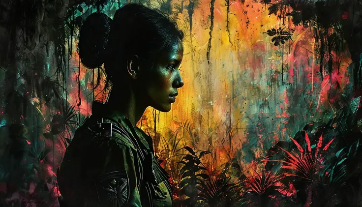 impactful paint of A woman soldier in the jungle <lora:Lost_In_Dreams:0.9>, highly detailed, 8k, sharp, professional, clear, high contrast, high saturated, , vivid deep blacks, crystal clear
