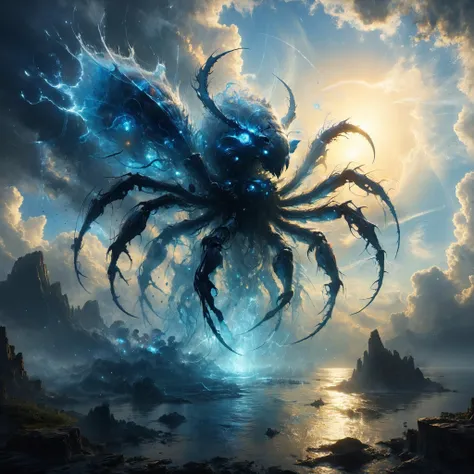 tempestmagic towering insectoid monstrosity, Floating islands amidst radiant azure skies,,, Chiaroscuro, Gorgeous splash of vibrant paint, sharp focus, glowing, scifi subreddit, by Greg Rutkowski and Ruan Jia and James Gurney<lora:Tempest_Magic_-_XL_Grimoire:0.8> <lora:Lost_In_Dreams:0.6> <lora:add-detail-xl:0.4> <lora:gorgoeus_splash_of_vibrant_paint:0.7>