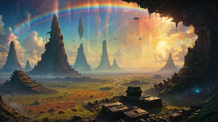 The ruins of an alien civilization, Rainbow-hued plains stretching to infinity in the background,, Harsh Sunlight,, cin3, sharp focus octane render, trending on artstation, 8k, anime, by Jesper Ejsing, by RHADS, Makoto Shinkai and Lois van baarle, ilya kuvshinov, rossdraws <lora:xl_more_art-full_v1:0.4> <lora:Lost_In_Dreams:0.6> <lora:cine:0.7>