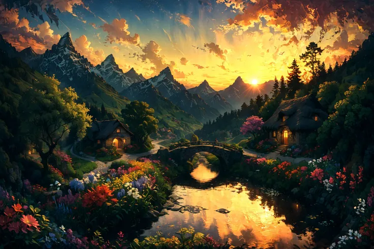 Imagine a serene landscape set during the golden hour, with the sun casting its warm glow over a picturesque village nestled in the rolling hills of the countryside. In the foreground, a crystal-clear stream meanders through lush green fields dotted with wildflowers of every hue, reflecting the vibrant colors of the sky as day transitions to evening. An ancient stone bridge spans the stream, leading to the village where quaint cottages with thatched roofs and flowering vines climbing up their walls emit a welcoming glow from their windows. In the distance, majestic mountains stand guard, their peaks just catching the last light of the sun. This tranquil scene is alive with the sounds of nature: the gentle flow of water, the soft rustle of leaves in the breeze, and the distant call of birds heading home. The whole composition invites the viewer into a timeless moment of peace and beauty, untouched by the rush of modern life. <lora:Lost_In_Dreams:0.7> <lora:xl_more_art-full_v1:0.6>, (masterpiece:1.2), best quality, (hyperdetailed, highest detailed:1.2), high resolution textures