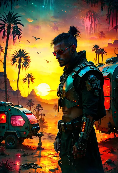 <lora:evil_villain:1> evil villain Cyberpunk nomad trader with robotic caravan, <lora:outrageous_fashion:1> outrageous fashion, Desert oasis with palm trees in the background, <lora:xl_more_art-full_v1:0.4>,  <lora:MJ52:0.4>, Flickering light, <lora:Lost_In_Dreams:0.8>, <lora:EnvyFeverDreamXL01a:0.7>, sharp focus, highly detailed