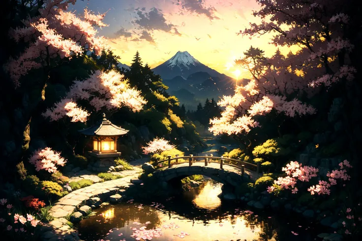 Imagine a serene and tranquil Japanese garden during the cherry blossom season. The sun is setting, casting a golden hue over the scene. There's a small, traditional wooden bridge over a gently flowing stream, with cherry blossom petals floating on the water's surface. A few koi fish can be seen swimming slowly beneath the bridge. On the bank of the stream, a stone lantern is softly lit, adding a warm glow to the nearby cherry trees in full bloom. The background is a blend of distant mountains and a clear sky transitioning from golden yellow to a soft pink. This picturesque scene embodies peace, natural beauty, and the fleeting essence of spring. <lora:Lost_In_Dreams:0.7> <lora:xl_more_art-full_v1:0.6>, (masterpiece:1.2), best quality, (hyperdetailed, highest detailed:1.2), high resolution textures