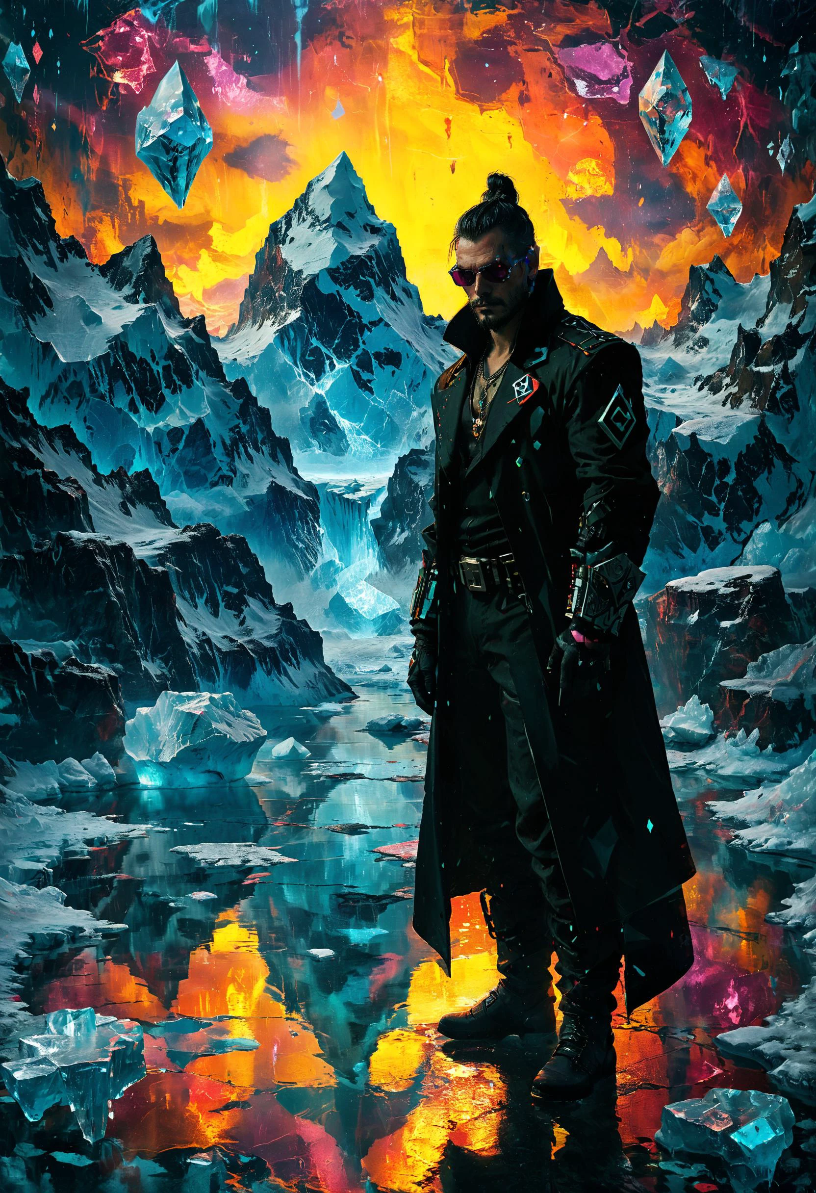 <lora:evil_villain:1> evil villain Cyberpunk gambler with augmented luck, <lora:outrageous_fashion:1> outrageous fashion, Glacial lake with floating icebergs in the background, <lora:xl_more_art-full_v1:0.4>, <lora:MJ52:0.4>, holography, <lora:Lost_In_Dreams:0.8>, <lora:saturated_colors:0.8> saturated colors, sharp focus, highly detailed