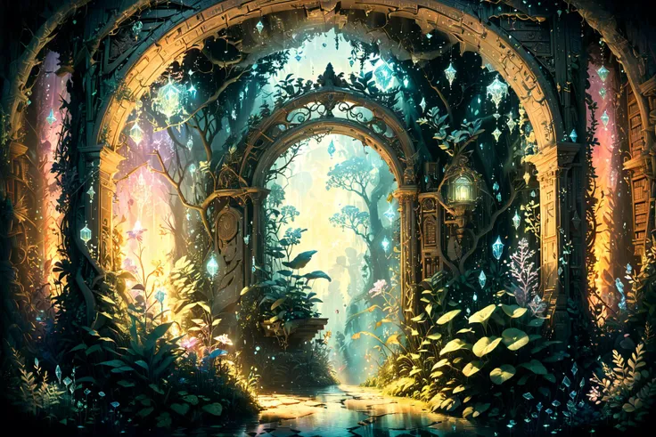 An ancient library hidden within an enchanted forest, illuminated by bioluminescent plants and floating crystals, as seen through the eyes of a curious owl at twilight. <lora:Lost_In_Dreams:0.7> <lora:xl_more_art-full_v1:0.6>, (masterpiece:1.2), best quality, (hyperdetailed, highest detailed:1.2), high resolution textures