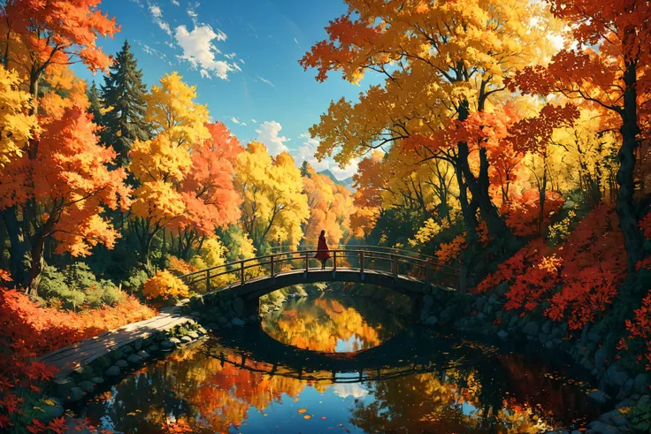 Imagine a serene landscape in the heart of autumn, where the vibrant hues of red, orange, and yellow leaves contrast strikingly against a clear, azure sky. A gentle river meanders through the scene, reflecting the brilliant colors of the trees on its smooth surface. In the foreground, a small wooden bridge arches over the river, inviting onlookers to cross. A solitary figure, clad in a cozy sweater and scarf, stands on the bridge, pausing to take in the breathtaking view. The air is crisp and filled with the subtle scent of falling leaves, creating a sense of peace and tranquility. This picturesque setting captures the essence of autumn's beauty and the reflective mood it inspires.. <lora:Lost_In_Dreams:0.6> <lora:xl_more_art-full_v1:0.6>, (masterpiece:1.2), best quality, (hyperdetailed, highest detailed:1.2), high resolution textures