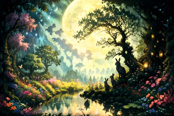 Imagine a serene and mystical forest clearing under a full moon's soft glow. In the heart of this enchanted landscape, a grand, ancient oak tree stands tall, its branches stretching wide and adorned with glowing lanterns, casting gentle light upon the surroundings. Beneath this majestic tree, a small, crystal-clear pond mirrors the moon and stars above, adding a magical sparkle to the scene. Surrounding the pond, a carpet of lush, green moss and delicate, colorful wildflowers create a vivid mosaic of life. In the foreground, a family of forest creatures, including a wise old owl perched on a branch, a curious fox peeking from behind the trees, and a pair of rabbits nestled in the grass, gather in peaceful harmony, enjoying the tranquility of the night. This tableau blends the natural beauty of the wild with a touch of fantasy, evoking a sense of wonder and enchantment <lora:Lost_In_Dreams:0.7> <lora:xl_more_art-full_v1:0.6>, (masterpiece:1.2), best quality, (hyperdetailed, highest detailed:1.2), high resolution textures