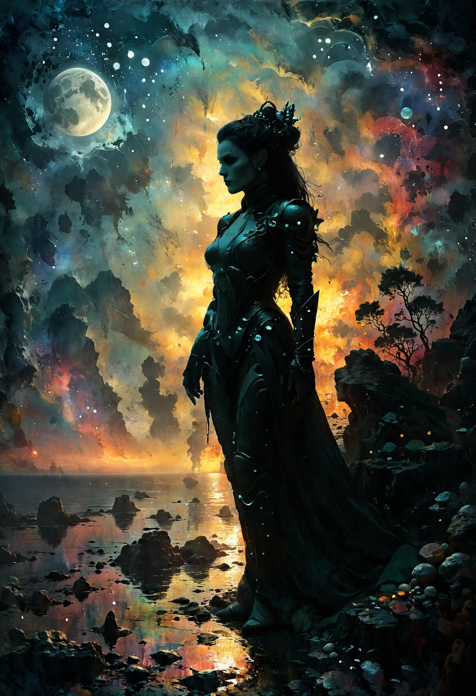 <lora:evil_villain:1> evil villain Biotech artist creating living installations, <lora:EnvyCreativeOutfitXL01:1>, Moonlit seascape with rocky shores in the background, <lora:xl_more_art-full_v1:0.4>, <lora:MJ52:0.4>, Ambient occlusion, <lora:Lost_In_Dreams:0.8>, <lora:ral-colorswirl:0.7> ral-colorswirl, sharp focus, highly detailed