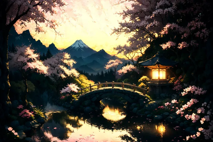 Imagine a serene and tranquil Japanese garden during the cherry blossom season. The sun is setting, casting a golden hue over the scene. There's a small, traditional wooden bridge over a gently flowing stream, with cherry blossom petals floating on the water's surface. A few koi fish can be seen swimming slowly beneath the bridge. On the bank of the stream, a stone lantern is softly lit, adding a warm glow to the nearby cherry trees in full bloom. The background is a blend of distant mountains and a clear sky transitioning from golden yellow to a soft pink. This picturesque scene embodies peace, natural beauty, and the fleeting essence of spring. <lora:Lost_In_Dreams:0.7> <lora:xl_more_art-full_v1:0.6>, (masterpiece:1.2), best quality, (hyperdetailed, highest detailed:1.2), high resolution textures